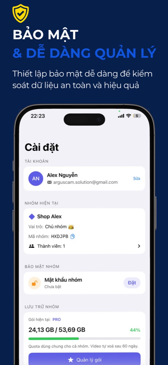 ArgusCam App – Bảo mật nhóm và quản lý lưu trữ